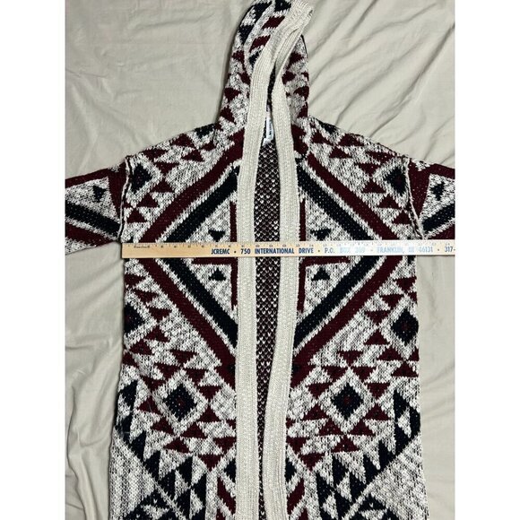 Vintage Aztec Knit Hooded Cardigan Open Front Sweater With Fringe Trim Boho Styl - Picture 7 of 11